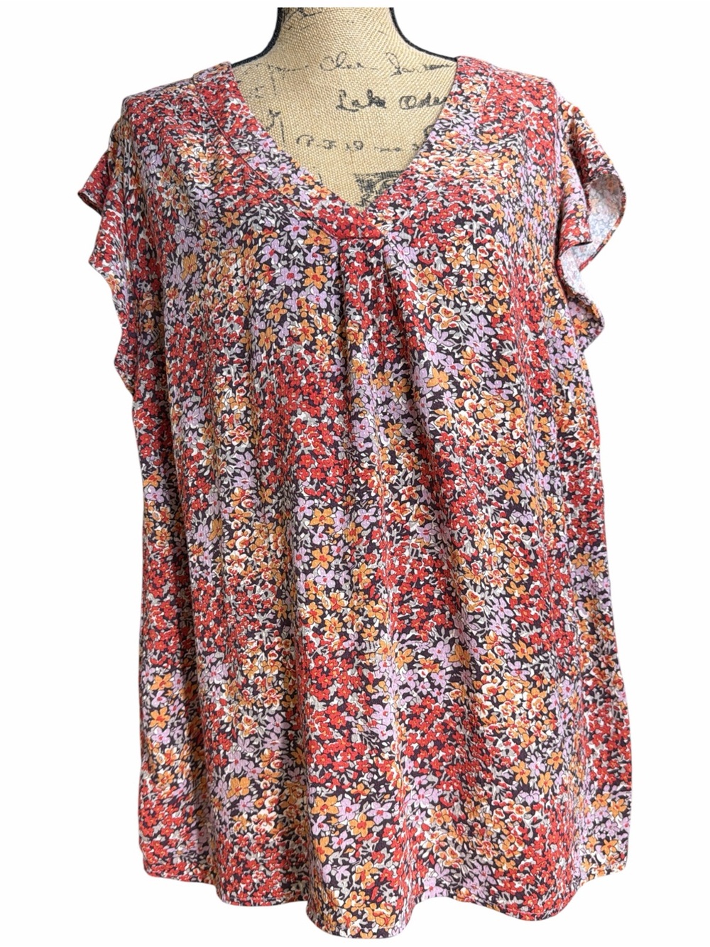 Jones New York Multi color Floral V-Neck Flutter Sleeve Tunic EC. Size 1X